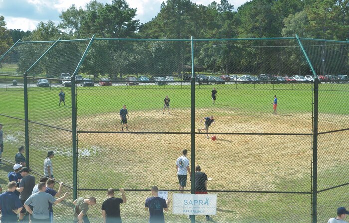 Service members assigned to various commands on Joint Base Charleston - Weapons Station participated in a kickball tournament Nov. 7, 2015. The event was hosted by the Navy’s Sexual Assault Prevention and Response team. (U.S. Navy photo by Mass Communication 3rd Class John Haynes/Released)