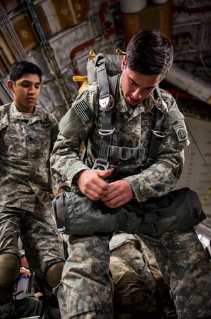 A Soldier from the 82nd Airborne Division prepares for an airdrop, Nov. 4, 2015, during exercise Ultimate Reach 16-1. The exercise is an annual U.S. Transportation Command sponsored, live-fly exercise designed to test the ability of 18th Air Force to plan and conduct strategic airdrop missions with the 82nd Airborne Division. Four C-17 Globemaster IIIs from the 437th Airlift Squadron out of Joint Base Charleston, S.C., participated in a seven-ship formation to help airdrop more than 500 U.S. Army and Spanish military jumpers in Zaragoza, Spain. (U.S. Air Force photo/Senior Airman Jared Trimarchi)