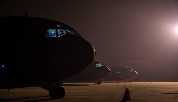 Pilots from the 437th Airlift Wing conduct their preflight checks aboard a C-17 Globemaster III at Zaragoza, Spain, Nov. 7, 2015, during exercise Ultimate Reach 16-1. The exercise is an annual U.S. Transportation Command sponsored, live-fly exercise designed to test the ability of 18th Air Force to plan and conduct strategic airdrop missions with the 82nd Airborne Division. Four C-17 Globemaster IIIs from the 437th Airlift Squadron out of Joint Base Charleston, S.C., participated in a seven-ship formation to airdrop more than 500 U.S. Army and Spanish military jumpers. (U.S. Air Force photo/Senior Airman Jared Trimarchi)