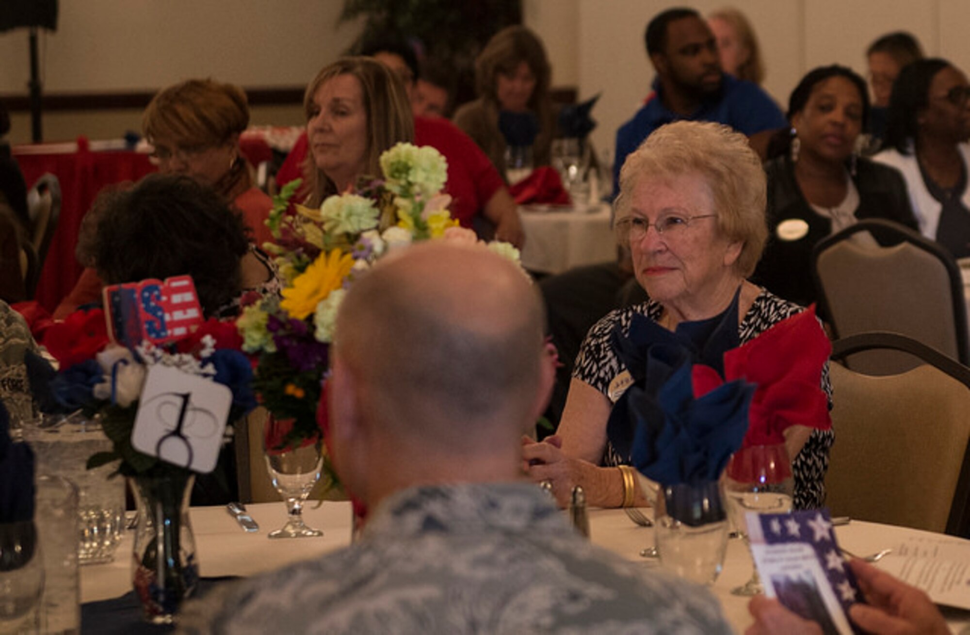 Jacqueline Walker, Military Family Support Center child and youth programs
office, enjoys a lunch congratulating her for 50 years of federal service on
JB MDL, N.J. Nov. 9, 2015. Walker began working at the NCO Club on Fort Dix
in 1965. (U.S. Air Force photo by Airman 1st Class Joshua King)
