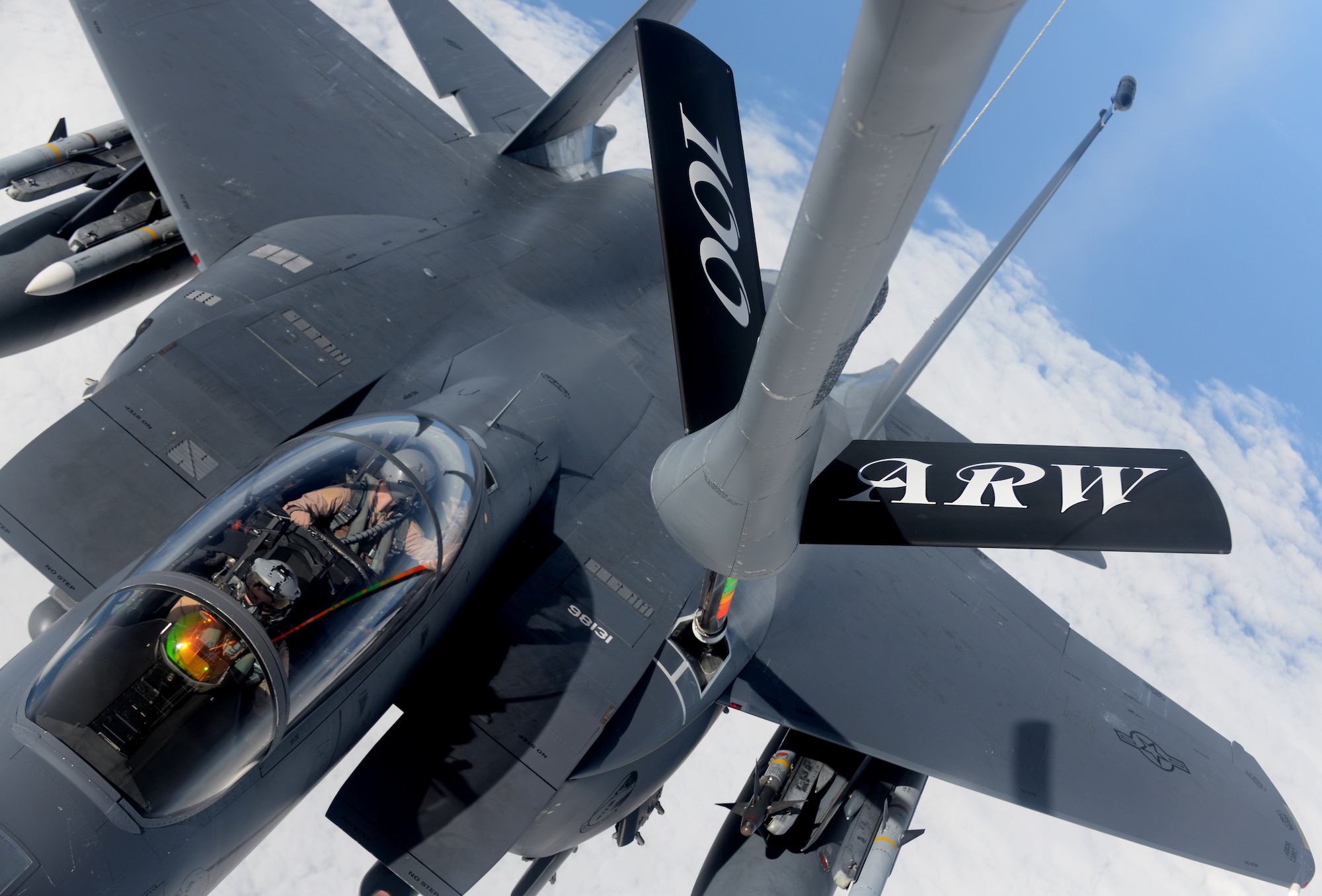 A KC-135 Stratotanker from the 100th Air Refueling Wing refuels an F-15E Strike Eagle from the 48th Fighter Wing Nov. 12, 2015, over the northern Mediterranean. While deployed to Incirlik Air Base, Turkey, both wings will work together in support of Operation Inherent Resolve counter-ISIL operations in Iraq and Syria. (U.S. Air Force photo by Senior Airman Kate Thornton/Released)