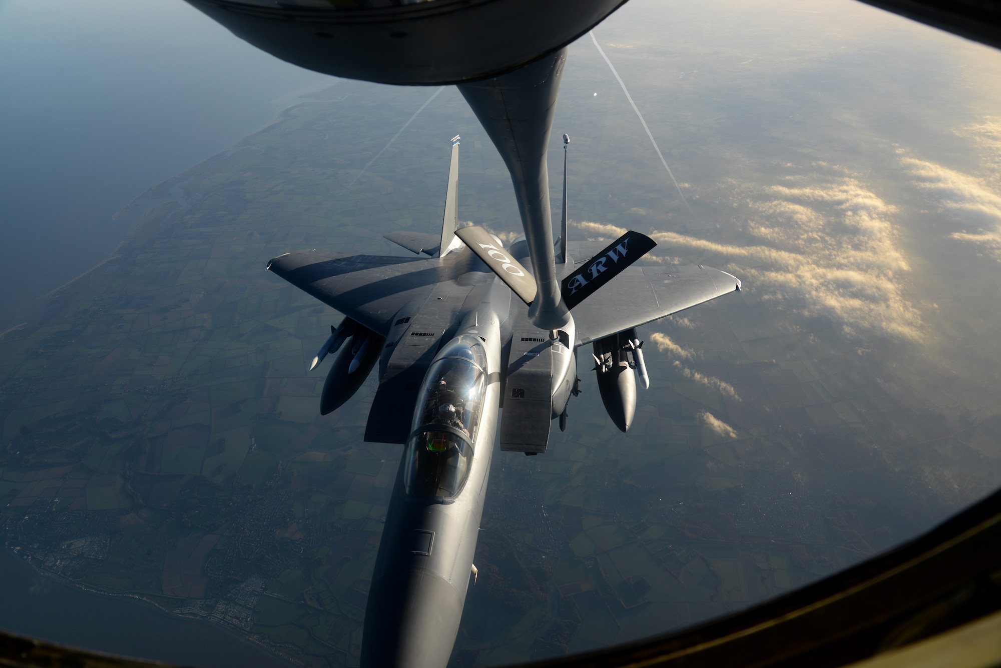 A KC-135 Stratotanker from the 100th Air Refueling Wing refuels an F-15E Strike Eagle from the 48th Fighter Wing Nov. 12, 2015, over the northern Mediterranean. While deployed to Incirlik Air Base, Turkey, both wings will work together in support of Operation Inherent Resolve counter-ISIL operations in Iraq and Syria. (U.S. Air Force photo by Senior Airman Kate Thornton/Released)