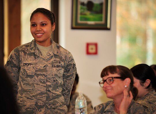 Senior Airman Stacy Croft, 86th Medical Support Squadron outpatient records technician, talks about what she’s thankful for during a “Let’s Connect” forum Nov. 10, 2015, at Ramstein Air Base, Germany. Let’s Connect encourages females to form bonds to build camaraderie and resilience. Though it is geared toward women, men are welcome to join and understand military life from a woman’s perspective. (U.S. Air Force photo/Airman 1st Class Larissa Greatwood)