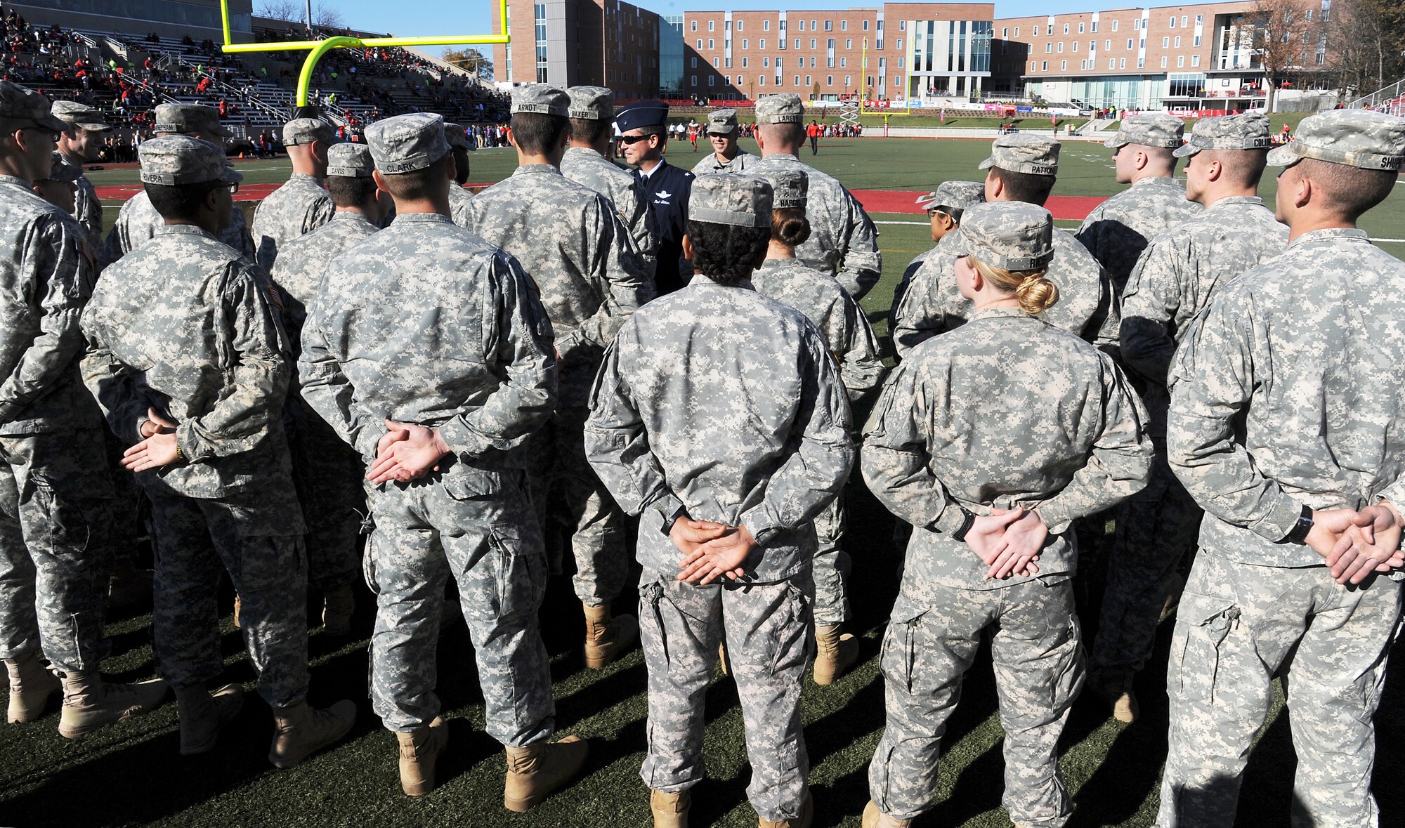 U.S. Air Force Brig. Gen. Paul Tibbets IV, the 509th Bomb Wing commander, speaks to Army ROTC cadets before the military appreciation football game at the University of Central Missouri (UCM) in Warrensburg, Mo., Nov. 7, 2015. UCM hosts a military appreciation game annually to express gratitude to members of the armed forces, past and present, for serving their country. (U.S. Air Force photo by Airman 1st Class Michaela R. Slanchik)