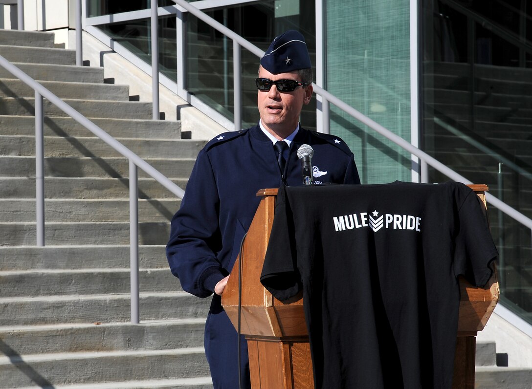 U.S. Air Force Brig. Gen. Paul Tibbets IV, the 509th Bomb Wing commander, speaks to a crowd before a military appreciation football game at the University of Central Missouri (UCM) in Warrensburg, Mo., Nov. 7, 2015. UCM hosts a military appreciation game annually to express gratitude to members of the armed forces, past and present, for serving their country. (U.S. Air Force photo by Airman 1st Class Michaela R. Slanchik)