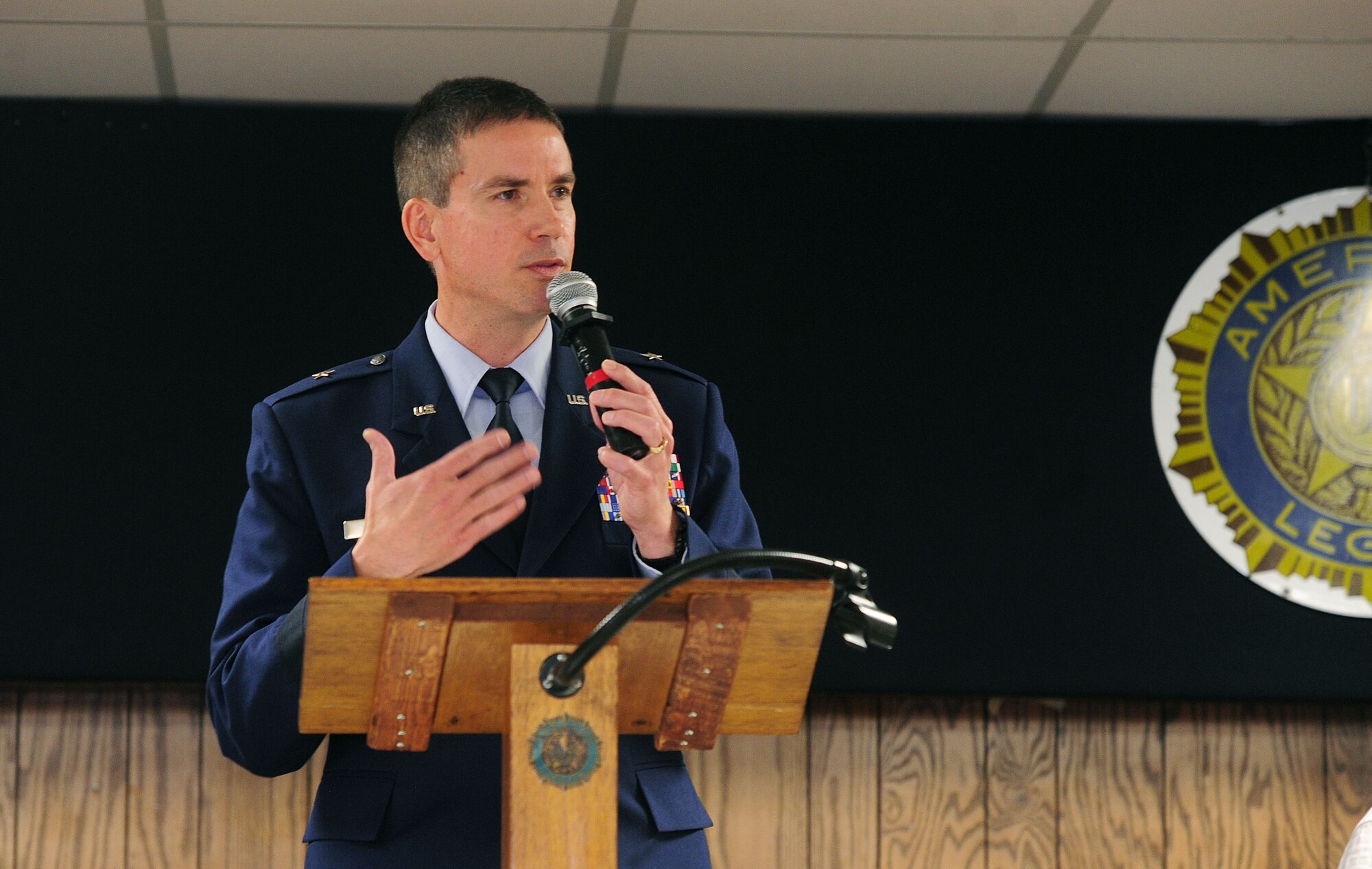 U.S. Air Force Brig. Gen. Paul Tibbets IV, the 509th Bomb Wing commander, speaks to attendees during the American Legion’s Veterans Day event in Warrensburg, Mo., Nov. 11, 2015. Formerly known as Armistice Day, Veterans Day recognizes the contributions of all Americans who have served in the Armed Forces. (U.S. Air Force photo by Airman 1st Class Jazmin Smith)