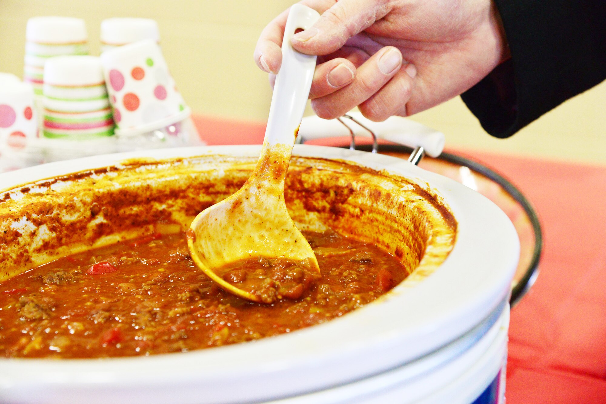 The 341st Mission Support Group holds a chili cook off was held at the base fire department Nov. 6, 2015, at Malmstrom Air Force Base, Mont. Twenty-four slow cockers of chili were entered into the chili cook-off competition to help raise a total of $1,173 for the Combined Federal Campaign and Operation Warm Heart. (U.S. Air Force photo/Airman Daniel Brosam)