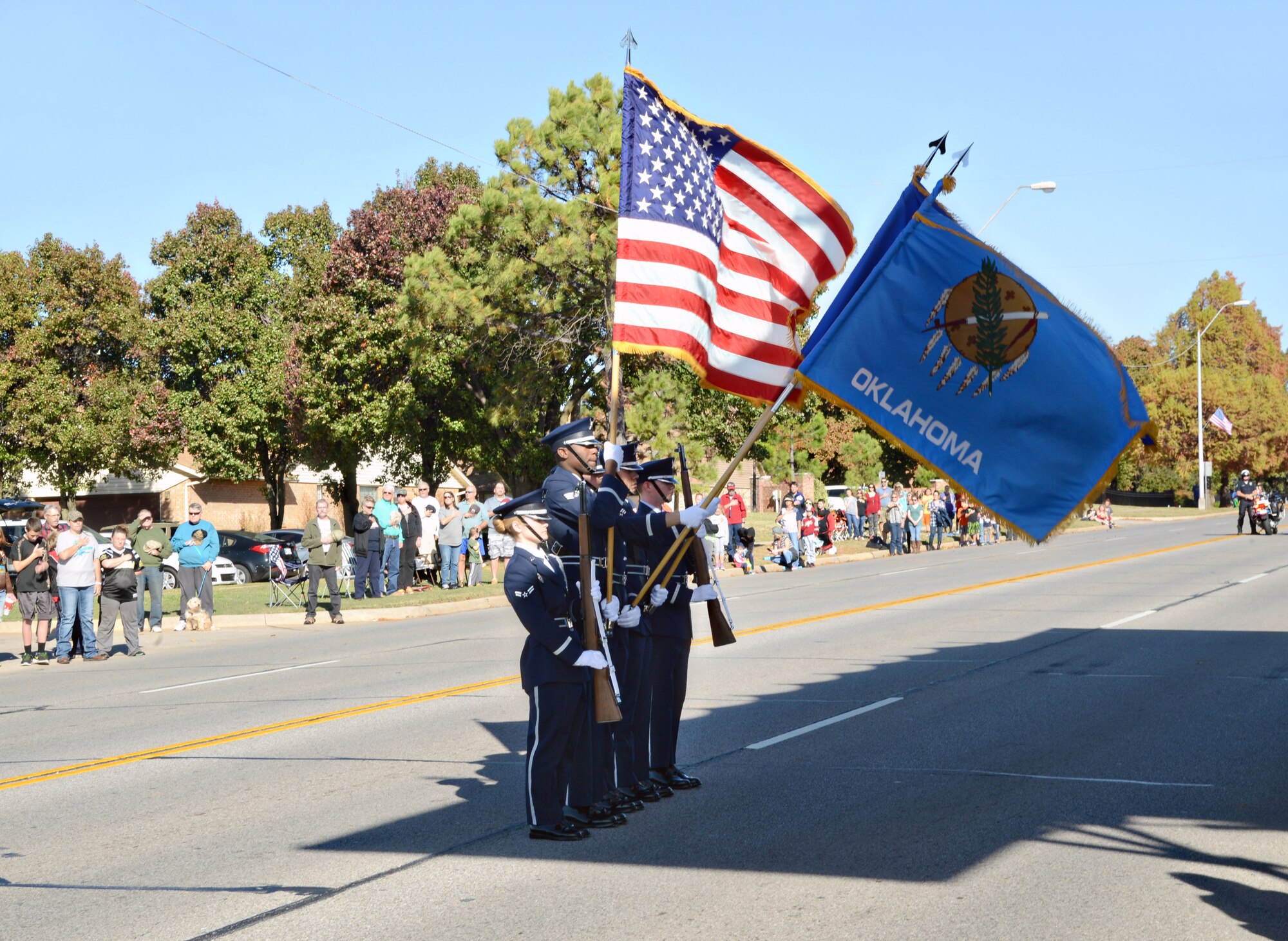 The Tinker Honor Guard presents the colors to kick off the Midwest City Veterans Day Parade Nov. 11.   (Air Force photo by Kelly White/Released)