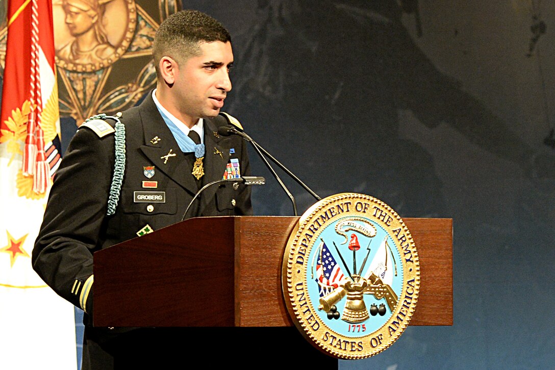 Retired Army Capt. Florent Groberg speaks at his Medal of Honor Hall of Heroes induction ceremony at the Pentagon, Nov. 13, 2015. DoD photo by U.S. Army Sgt. First Class Clydell Kinchen
