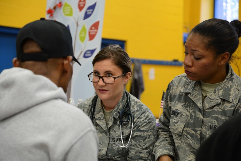 1st Lt. Sara Kucharski and Staff Sgt. Stefany Jones, 108th Medical Group, New Jersey Air National Guard, check the blood pressure of a homeless veteran at the New Jersey Department of Military and Veterans Affairs Stand Down Day at the John F. Kennedy recreation center in Newark, N.J. On Oct. 10, 2015. The stand down day allows the veterans to get much needed care and services from a wide array of state agencies and nonprofit organizations. Members of the 108th Medical Group have been providing care at stand down days for more than 10 years and were providing blood pressure checks as a means to have conversations with the veterans about their overall health and wellness. Stand Down is a military term referring to exhausted combat units that were removed from the battlefront to a place of security and safety for rest and recovery. Today, Stand Downs are grass roots, community-based intervention program to help veterans' battle life on the streets. (U.S. Air National Guard photo by Master Sgt. Carl Clegg, Released)