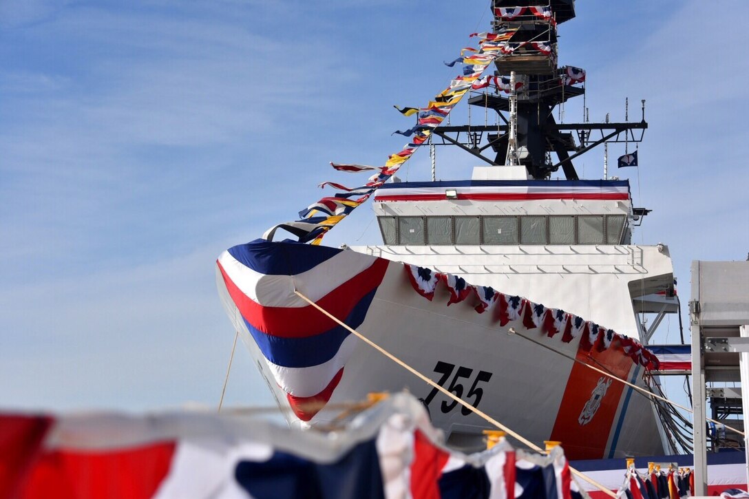 The U.S. Coast Guard's sixth national security cutter, the Douglas Munro, is prepared for a christening ceremony in Pascagoula, Miss., Nov. 14, 2015. U.S.Coast Guard photo by Petty Officer 2nd Class Patrick Kelley