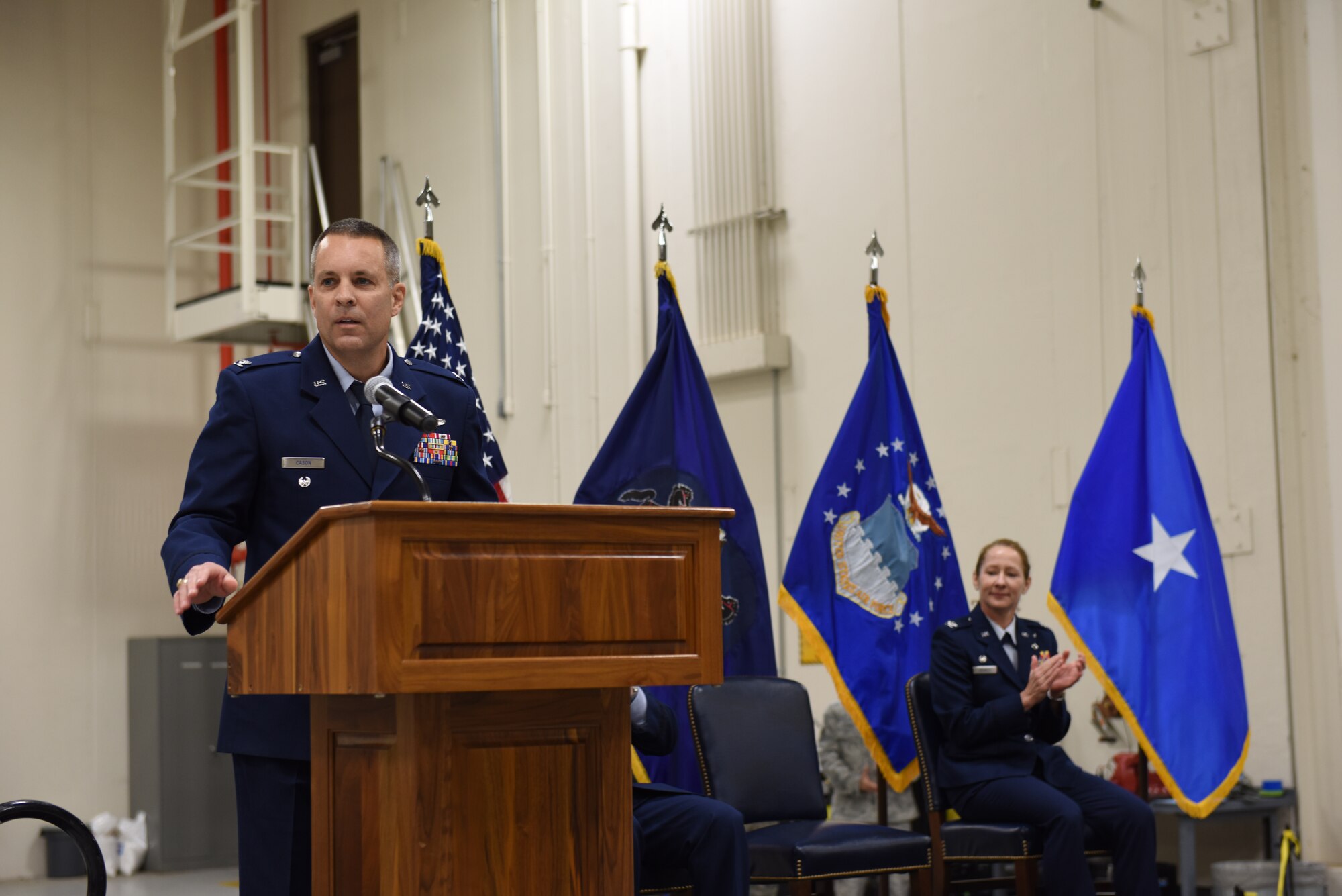 Col. Benjamin (Mike) Cason addresses the Airmen of the 193rd Special Operations Wing during a change-of-command ceremony on base Nov. 14 where he took charge of the wing. Cason is the first dual-status Airman to assume command of an Air Force Special Operations Command unit. (U.S. Air National Guard photo by Senior Airman Ethan Carl/Released)