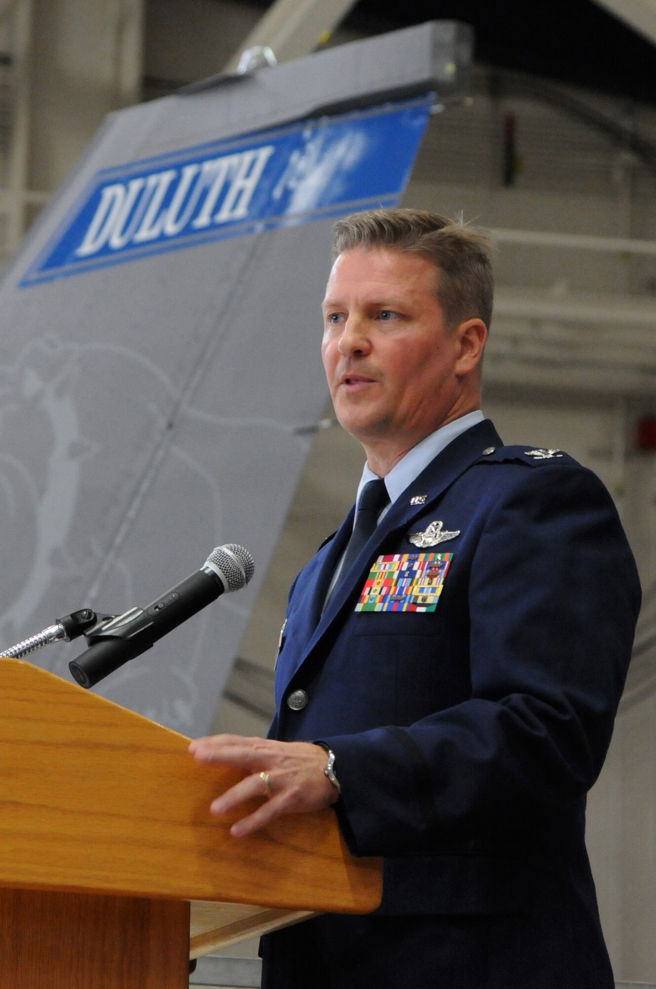 Col. Jon S. Safstrom addresses Airmen from the 148th Fighter Wing, Duluth, Minn. for the first time as their new wing commander, Nov. 14, 2015. Safstrom assumed command from Col. Frank H. Stokes who accepted a position at the National Guard Bureau, Arlington, Va. (U.S. Air Force photo by Tech. Sgt. Amie Muller/released)