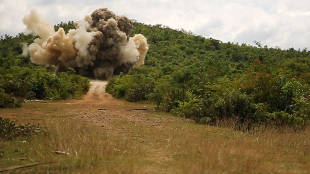 U.S. Marine Corps explosive ordinance disposal technicians train the Cambodian Mine Action Center technicians how to safely dispose unexploded ordinance at Kampong Chhnang, in the Kingdom of Cambodia, Nov. 3, 2015. They are providing basic EOD training in support of the Humanitarian Mine Action program. The program focuses on assisting selected countries in relieving human suffering and in developing an indigenous mine action capability to help with explosive remnants of war.