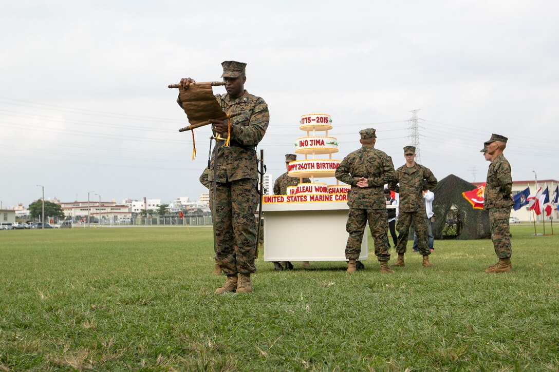 Capt. Jameel Ali reads Maj. Gen. John A. Lejeune's birthday message during the Marine Corps birthday cake cutting Nov. 10 aboard Camp Foster, Okinawa, Japan. On Nov. 1, 1921, Lejeune, 13th commandant of the Marine Corps, directed that a reminder of the honorable service of the Corps be read by every command on the Marine Corps birthday. Ali is a distribution management officer with Headquarters and Support Battalion, Marine Corps Installations Pacific, Marine Corps Base Camp Smedley D. Butler.