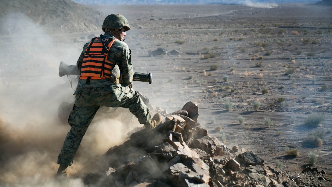 A Marine with Golf Company, 2nd Battalion, 2nd Marine Regiment, fires the AT4 rocket launcher during a counterattack as part of Integrated Training Exercise 1-16 at Marine Air Ground Combat Center, Twentynine Palms, California, Nov. 11, 2015. The counterattack was part of the Battalion Assault Course, a three-day culminating event at the end of ITX. 