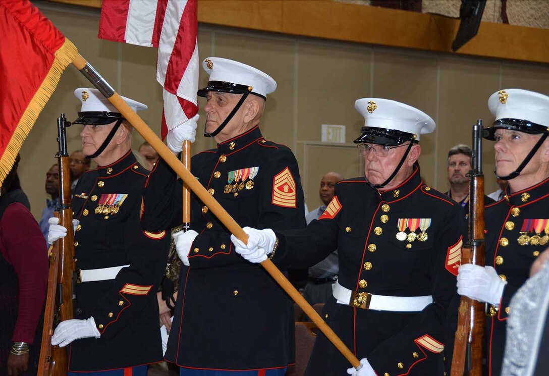 The Marine Veterans Color Guard led by Master Gunnery Sgt. Tom Milhausen (National Flag bearer) posted and retired the colors Nov. 10, 2015 during Defense Logistics Agency Aviation’s celebration of the 240th Birthday of the U.S. Marine Corps in the Frank B. Lotts Conference Center on Defense Supply Center Richmond, Virginia. Pictured, from left, are Pvt. Kevin O'Connor; Master Gunnery Sgt. Tom Milhausen, Sgt. Wes Pruitt and Staff. Sgt. Jack Bell  