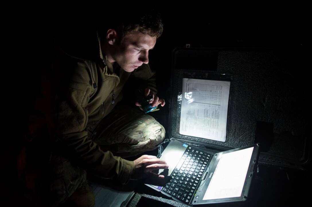 U.S. Navy Petty Officer 3rd Class Kaden Ross conducts post-mission analysis on sonar imagery collected by the IVER unmanned underwater vehicle during Clear Horizon 2015 on Commander Fleet Activities Chinhae, South Korea, Nov. 10, 2015. Ross is an explosive ordnance disposal technician assigned to Explosive Ordnance Disposal Mobile Unit 5. U.S. Navy photo by Petty Officer 2nd Class Daniel Rolston