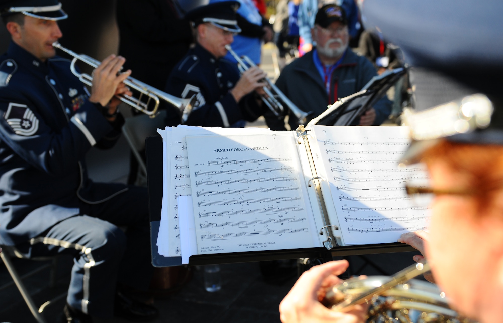 The Air Force Quintet performs the “Armed Forces Medley” as veterans stand up during their services’ songs at the Veterans Day ceremony at the Air Force Memorial Nov. 11, 2015. It’s estimated that 7 percent of the U.S. population are veterans and only 1 percent currently serve on behalf of the nation. (U.S. Air Force photo/Tech. Sgt. Bryan Franks)