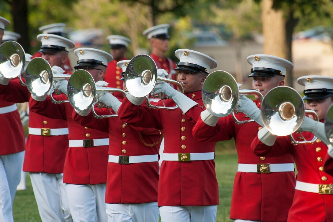Members of "The Commandant's Own" mellophone bugle section perform during the "Music in Motion" drill show. (U.S. Marine Corps photo by Lance Cpl. Kayla McTaw/Released)