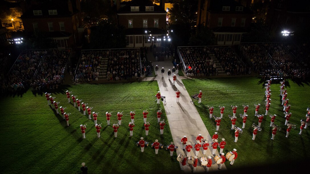 Pictured from above, "The Commandant's Own" performs a concert during a Friday evening parade. (U.S. Marine Corps photo by Staff Sgt. Oscar L. Olive/Released)