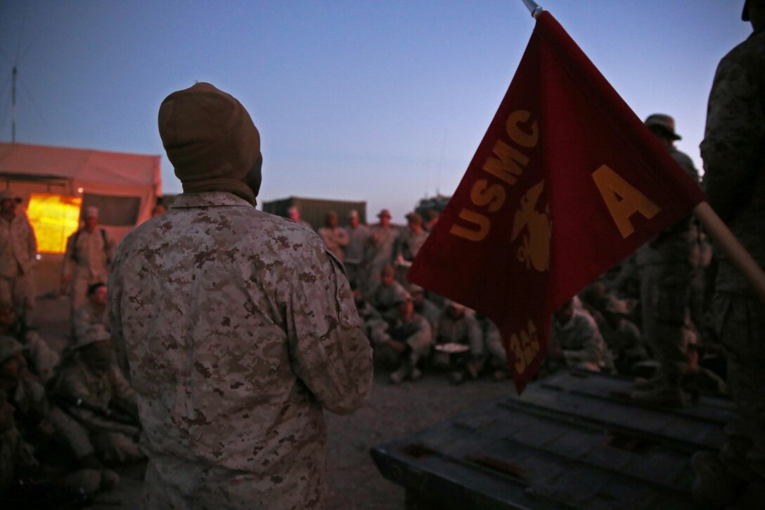 Marines and Sailors assigned to Company A, 3rd Assault Amphibian Battalion, 1st Marine Division, celebrate the Marine Corps’ 240th birthday aboard Yuma Proving Grounds, Ariz., Nov. 10, 2015. The Marines and Sailors celebrated the birthday as a culminating event to the 18-day field operation.
