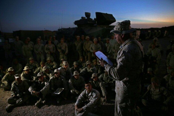 Marines and Sailors assigned to Company A, 3rd Assault Amphibian Battalion, 1st Marine Division, celebrate the Marine Corps’ 240th birthday aboard Yuma Proving Grounds, Ariz., Nov. 10, 2015. The Marines and Sailors celebrated the birthday as a culminating event to the 18-day field operation.