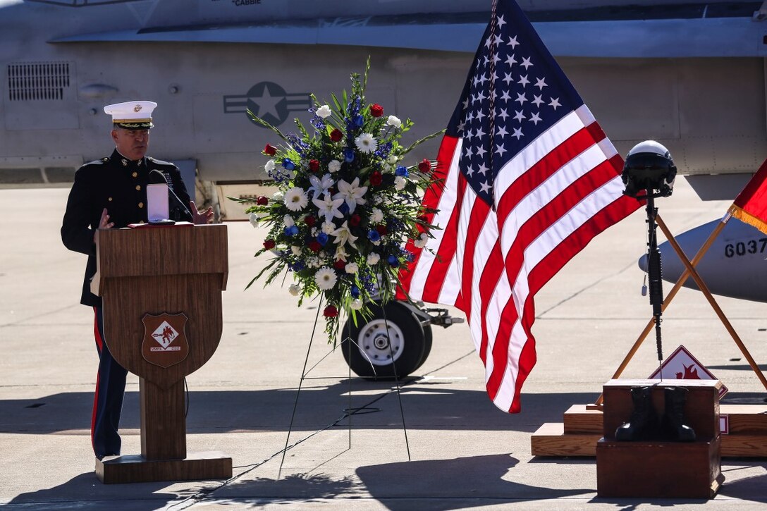 Lt. Col. Jerry Estell, commanding officer of Marine Fighter Attack Squadron 232, speaks during a memorial ceremony in honor of Maj. Taj Sareen, a pilot with VMFA-232, aboard Marine Corps Air Station Miramar, Calif., Nov. 13. Sareen died on Oct. 21 when his jet crashed during his return flight following a six-month deployment in support of Operation Inherent Resolve.