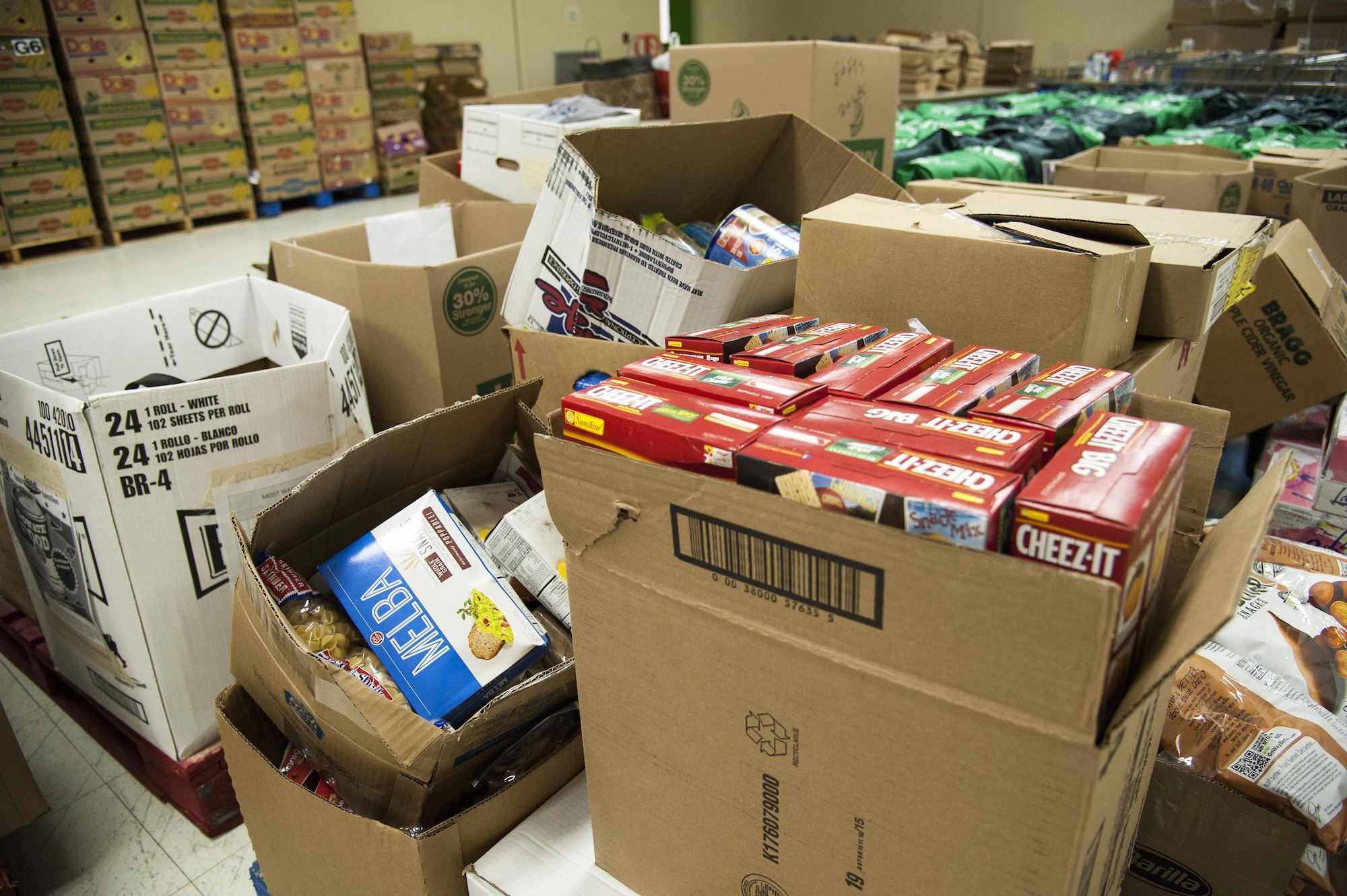More than 24,000 pounds of donated food awaits distribution at the Val Verde Loaves and Fishes food pantry in Del Rio, Texas, Nov. 12, 2015. The food was donated by Laughlin Air Force Base personnel and their families during the Feds Feed Families food drive, which is a U.S. Department of Agriculture program that asks federal agencies to collect and donate non-perishable food items to local food banks beginning in July and concluding the first week of October. (U.S. Air Force photo by Staff Sgt. Nathan Maysonet)   