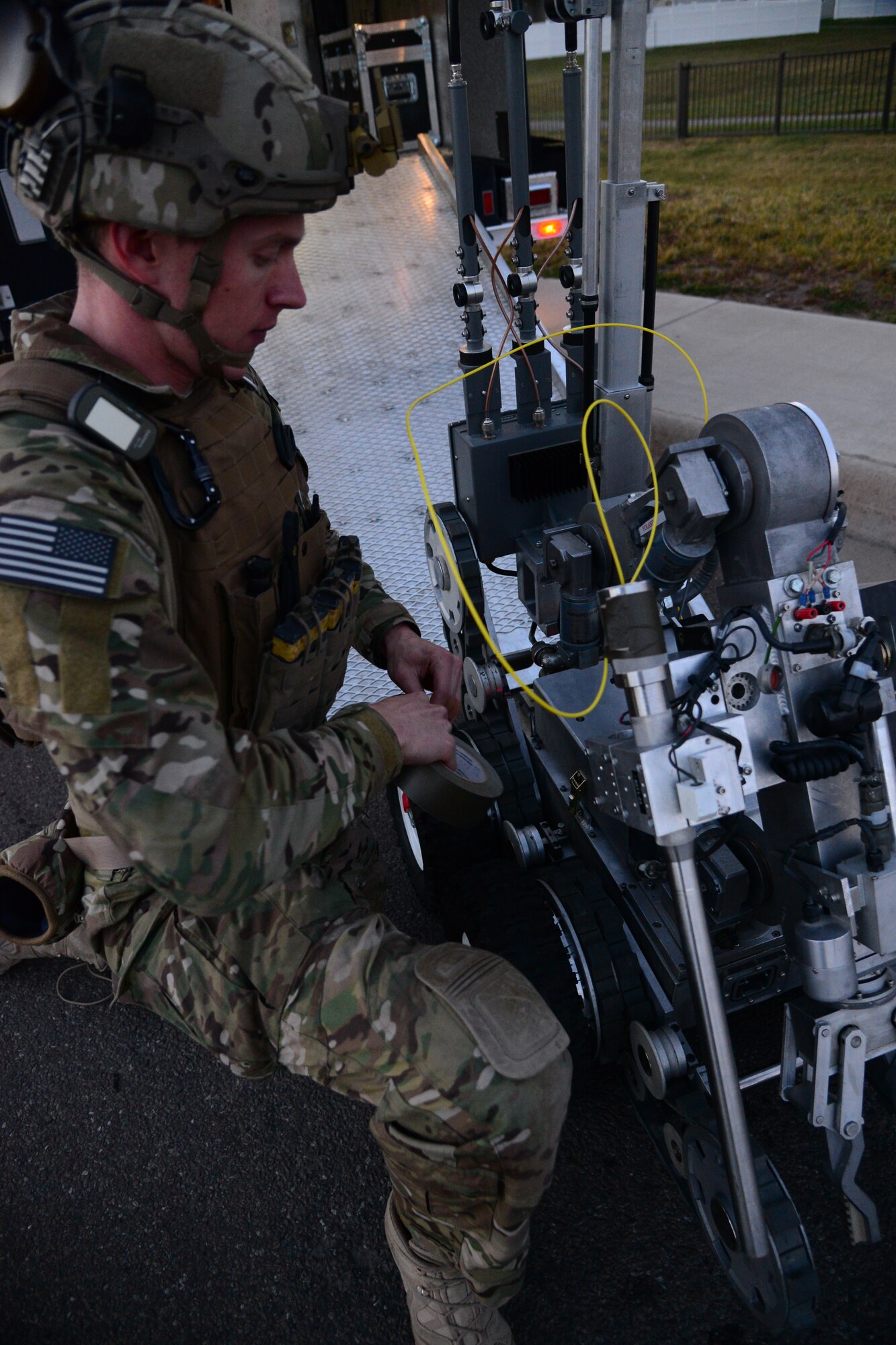 An Airman with the 341st Explosive Ordinance Disposal works on a robot, Nov. 8, 2015, at Malmstrom Air Force Base, Mont. The 341st EOD is part of U.S. Strategic Command’s (USSTRATCOM) Task Force 214 and supports the command’s strategic deterrence mission by operating and maintaining the Air Force’s Intercontinental Ballistic Missile force. GLOBAL THUNDER is an annual U.S. Strategic Command training event that assesses command and control functionality in all USSTRATCOM mission areas and affords component commands a venue to evaluate their joint operational readiness. Planning for GLOBAL THUNDER 16 has been under way for more than a year and is based on a notional scenario with fictitious adversaries. USSTRATCOM, one of nine DoD unified combatant commands, relies on various task forces for the execution of its global missions, which also include space operations; cyberspace operations; joint electronic warfare; global strike; missile defense; intelligence, surveillance and reconnaissance; combating weapons of mass destruction; and analysis and targeting. (U.S. Air Force photo by Airman 1st Class Magen M. Reeves)