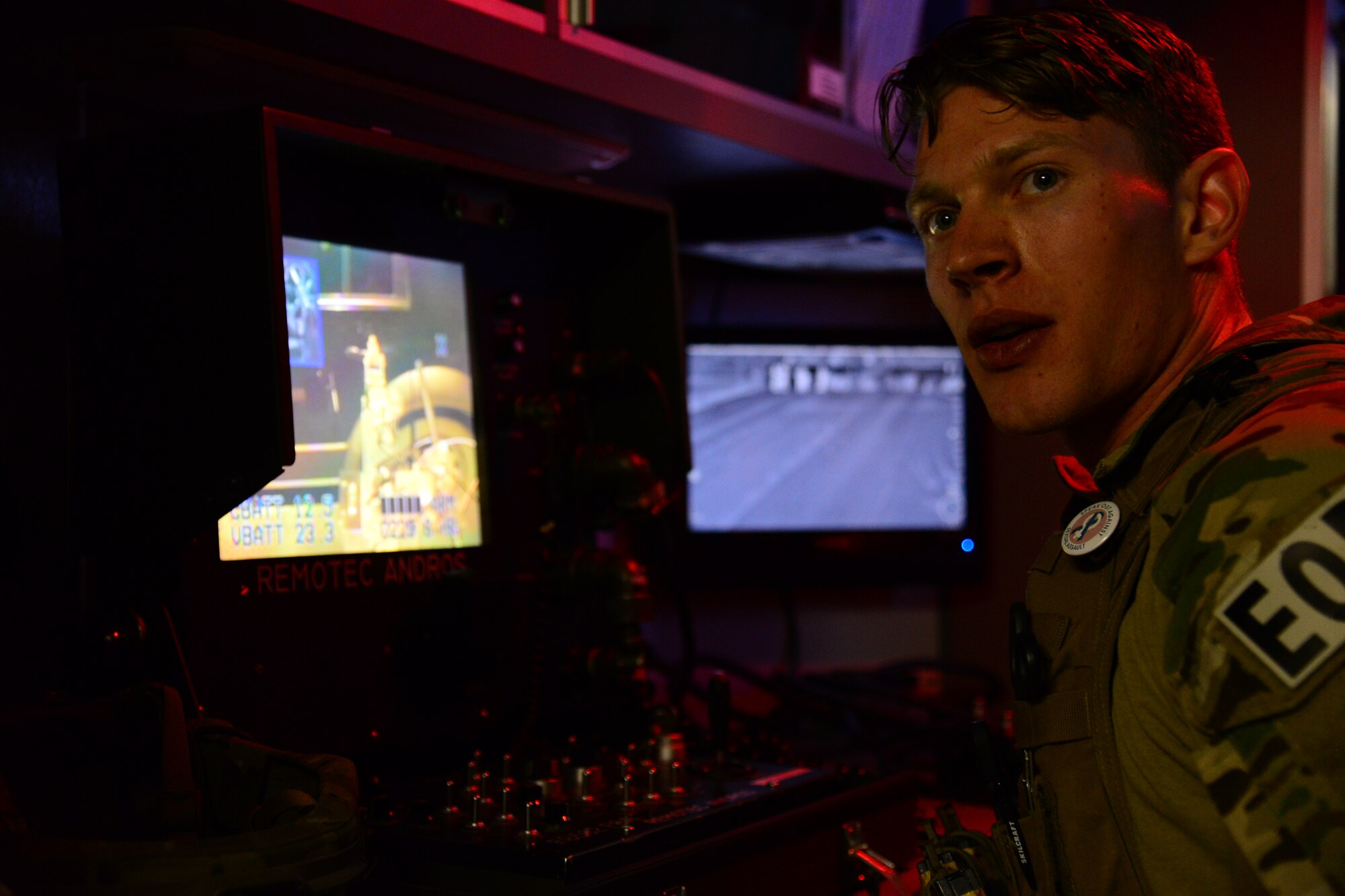 An Airman with the 341st Explosive Ordinance Disposal watches live camera footage from an EOD robot during exercise GLOBAL THUNDER 16, Nov. 8, 2015, at Malmstrom Air Force Base, Mont. The 341st EOD is part of U.S. Strategic Command’s (USSTRATCOM) Task Force 214 and supports the command’s strategic deterrence mission by operating and maintaining the Air Force’s Intercontinental Ballistic Missile force. GLOBAL THUNDER is an annual U.S. Strategic Command training event that assesses command and control functionality in all USSTRATCOM mission areas and affords component commands a venue to evaluate their joint operational readiness. Planning for GLOBAL THUNDER 16 has been under way for more than a year and is based on a notional scenario with fictitious adversaries. USSTRATCOM, one of nine DoD unified combatant commands, relies on various task forces for the execution of its global missions, which also include space operations; cyberspace operations; joint electronic warfare; global strike; missile defense; intelligence, surveillance and reconnaissance; combating weapons of mass destruction; and analysis and targeting. (U.S. Air Force photo by Airman 1st Class Magen M. Reeves)