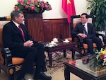 DPAA Director Michael Linnington meets with Vietnam Vice-Minister of Foreign Affairs Mr. Ha Kim Ngoc during his visit to Southeast Asia.  Linnington visited DPAA detachments in Bangkok, Thailand; Vientiane, Laos; and Hanoi, Vietnam, and met with senior U.S. officials in each country, as well as senior host nation counterparts. He also met with U.S. Embassy staff and Cambodian counterparts in Phnom Penh.