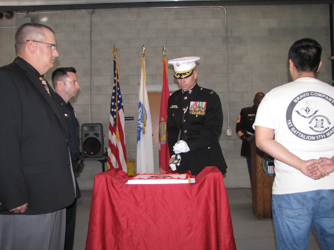 DLA Distribution San Joaquin, Calif., celebrates the Marine Corps’ 240th birthday with a cake cutting ceremony on Nov. 9.