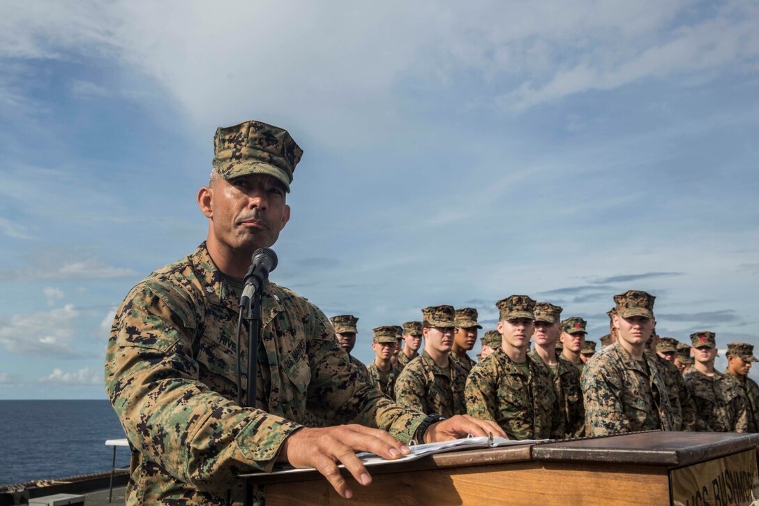 SOUTH CHINA SEA (Nov. 9, 2015) U.S. Marine Lt. Col. Wilfred Rivera speaks a few words about the legacy of the Marine Corps during the Marine Corps birthday ceremony aboard USS Rushmore (LSD 47). Rivera is the commanding officer of Combat Logistics Battalion 15, 15th Marine Expeditionary Unit. The ceremony included a reading of Gen. John A. Lejeune’s birthday message and a cake-cutting to celebrate 240 years of tradition, service, and victory. The 15th MEU is currently deployed in the Indo-Asia-Pacific region to promote regional stability and security in the U.S. 7th Fleet area of operations. (U.S. Marine Corps photo by Sgt. Emmanuel Ramos/Released)