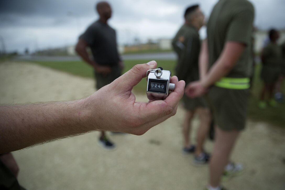 The lap counter marks the 240 laps completed by Marines Nov. 10 on Marine Corps Air Station Futenma, Okinawa, Japan. They ran the laps to celebrate the 240th Marine Corps Birthday. It took the Marines over seven hours to finish. After completing 60 miles, the Marines held a cake cutting ceremony.