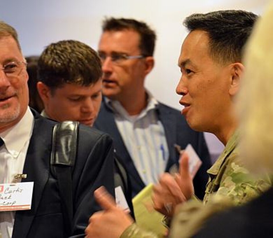 Attendance was excellent for the Nov. 10 business opportunities open house in Sacramento, hosted by the U.S. Army Corps of Engineers Sacramento District. The event featured several free classe and a keynote address by Brig. Gen. Mark Toy, commander, USACE South Pacific Division, seen here speaking with guests.
