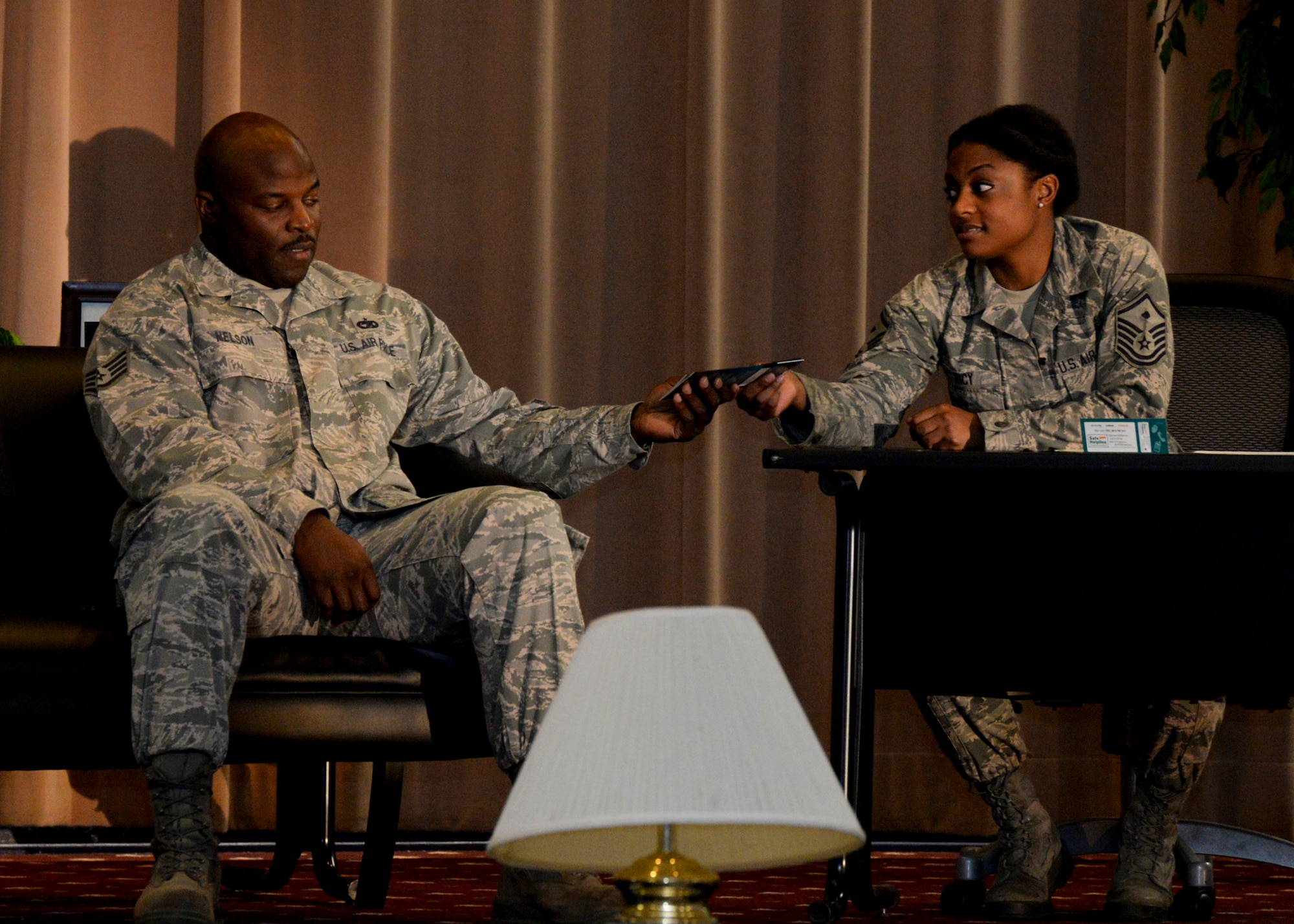 Audience members watch a theatrical play “A Day in the Life of a Leader” at Barksdale Air Force Base, La., Nov. 13, 2015. The Barksdale Sexual Assault Theater Group performed during an event hosted by the Barksdale Total Force Development Council to support Col. Kristin Goodwin’s, 2nd Bomb Wing commander, 2015 initiative “The Year of the Leader.” (U.S. Air Force photo/ Senior Airman Jannelle Dickey)