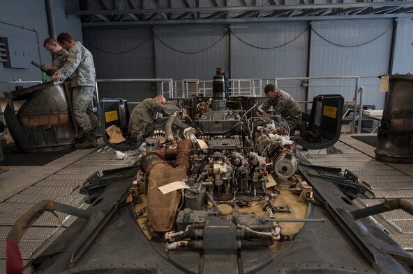 Maintainers assigned to the 823rd Maintenance Squadron work on an HH-60G Pave Hawk at Nellis Air Force Base, Nev., Nov. 10, 2015. The 823rd MXS is responsible for the maintenance and upkeep of 18 assigned HH-60Gs. (U.S. Air Force photo by Staff Sgt. Siuta B. Ika)