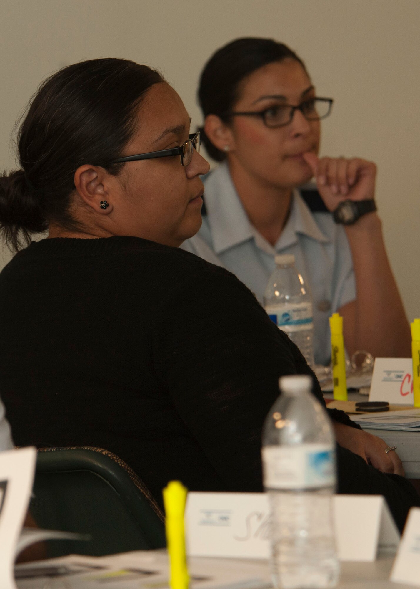 Participants in a Holloman-hosted Sexual Assault Response training listen at the Presbyterian Medical Services Behavior Health Office in Alamogordo, New Mexico on Nov. 10. The speakers discussed reporting options for victims of sexual crimes as well as other topics. This training focused on coordinating military and local civilian agencies’ response to sexual assault. (U.S. Air Force photo by Airman 1st Class Randahl J. Jenson)
