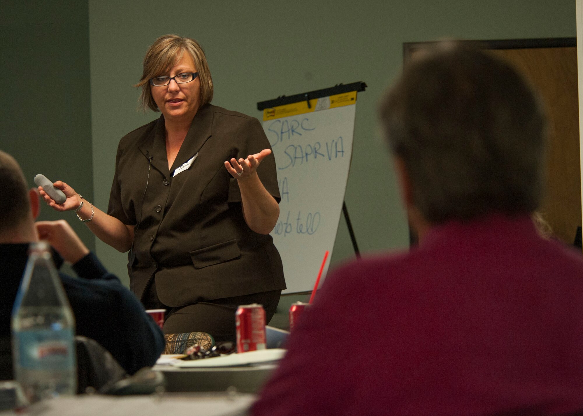 Tracey Spencer, the Sexual Assault Response coordinator at Holloman Air Force Base, educates military and civilian agencies at the Presbyterian Medical Services Behavior Health Office in Alamogordo, New Mexico, on Nov. 10. The training taught different options victims have to report sexual assault. This training, held by Holloman, was designed to coordinate military and local civilian agencies’ efforts in responding to sexual assault. (U.S. Air Force photo by Airman 1st Class Randahl J. Jenson) 