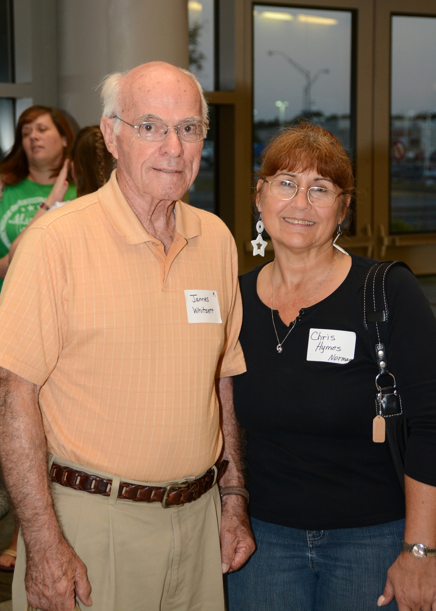 Jim Whitsett, a U.S. Army Korean War veteran, poses for a photo with his guardian Tech. Sgt. Christina Hymes of the 507th Medical Squadron from Tinker Air Force Base, Okla., Sept. 16, 2015. Whitsett and 80 fellow veterans were chosen to fly to Washington, D.C., to visit memorials built in their honor as part of the Oklahoma Honor Flight Program. (U.S. Air Force photo by Tech. Sgt. Lauren Gleason)