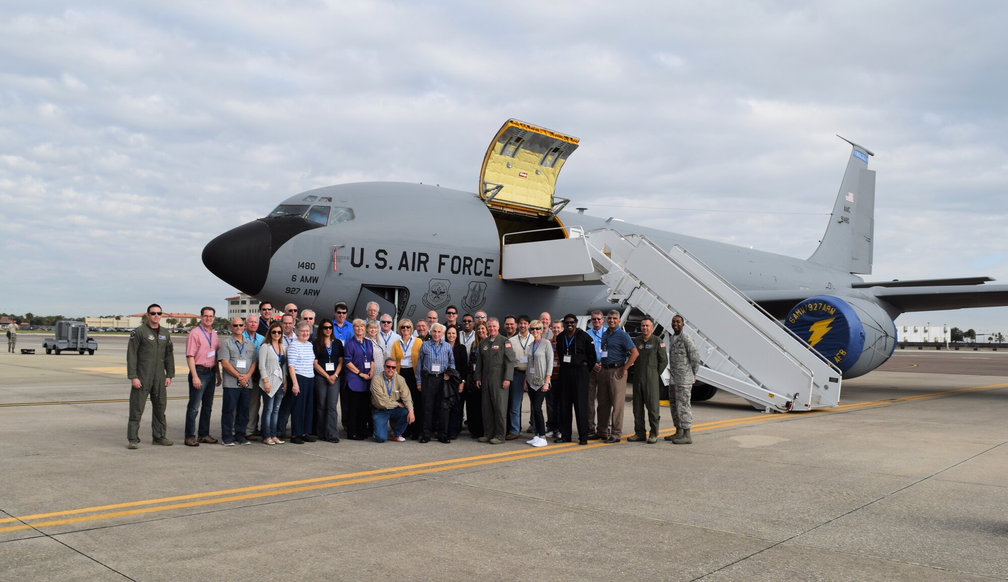 San Antonio employers and members of the 433rd Airlift Wing along with members from the  927th Air Refueling Wing pose in front of a KC-135 after touring the aircraft Nov. 13, 2015 at MacDill Air Force Base, Florida. The tour was part of the 433rd AW’s 2015 Employer Support of the Guard and Reserve Boss Lift. In addition to touring a KC-135, members visited the National Oceanic and Atmospheric Administration, Airman Leadership School and took turns in the KC-135 boom simulation system. (U.S. Air Force photo/Tech. Sgt. Lindsey Maurice)