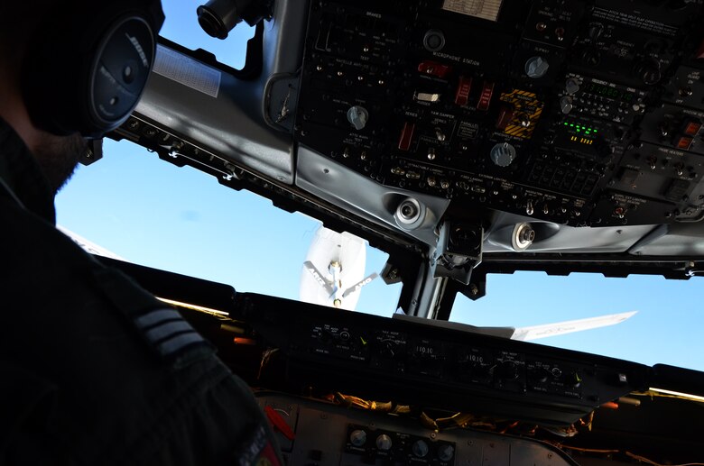 Portuguese Air Force Capt. Fred Sousa, a NATO E-3 Sentry pilot, lines up with an Arizona Air National Guard KC-135 Stratotanker over northern Germany Nov. 16. “Over Nose. Over feet. Over knees. Over head,” said Sousa as he called out the boom position while guiding it to the fuel receiver above his cockpit. Airmen and tankers from the Phoenix-based 161st Air Refueling Wing are here supporting NATO aircrew training operations Nov. 9-20. (U.S. Air National Guard photo by Lt. Col. Gabe Johnson)