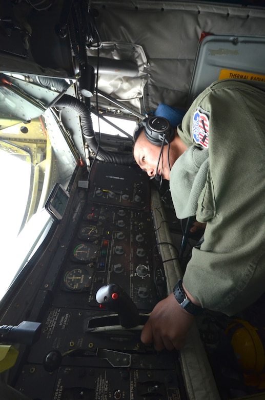 Staff Sgt. Kevin Gimenez, an Arizona Air National Guard KC-135 Stratotanker boom operator, searches for his receiver, a NATO E-3A Sentry, over northern Germany during a training mission Nov. 10. Airmen from the 161st Air Refueling Wing based in Phoenix are supporting aircrew training operations Nov. 9-20 at NATO Air Base Geilenkirchen, Germany. (U.S. Air National Guard photo by Lt. Col. Gabe Johnson)