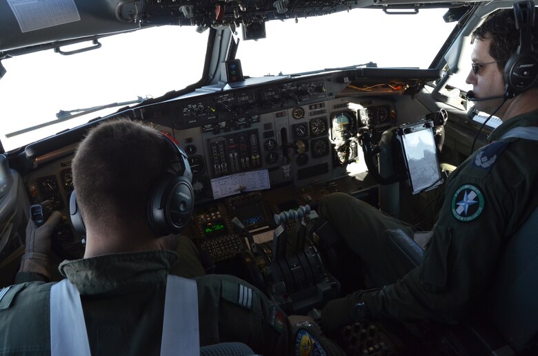 NATO E-3 Sentry instructor pilot, German Air Force Maj. Thomas Ratersmann (right), and Portuguese Air Force Capt. Fred Sousa, an E-3 student pilot, fly to a rendezvous with an Arizona Air National Guard KC-135 Stratotanker over northern Germany Nov. 16. Airmen and tankers from the Phoenix-based 161st Air Refueling Wing are here supporting NATO aircrew training operations Nov. 9-20. (U.S. Air National Guard photo by Lt. Col. Gabe Johnson)
