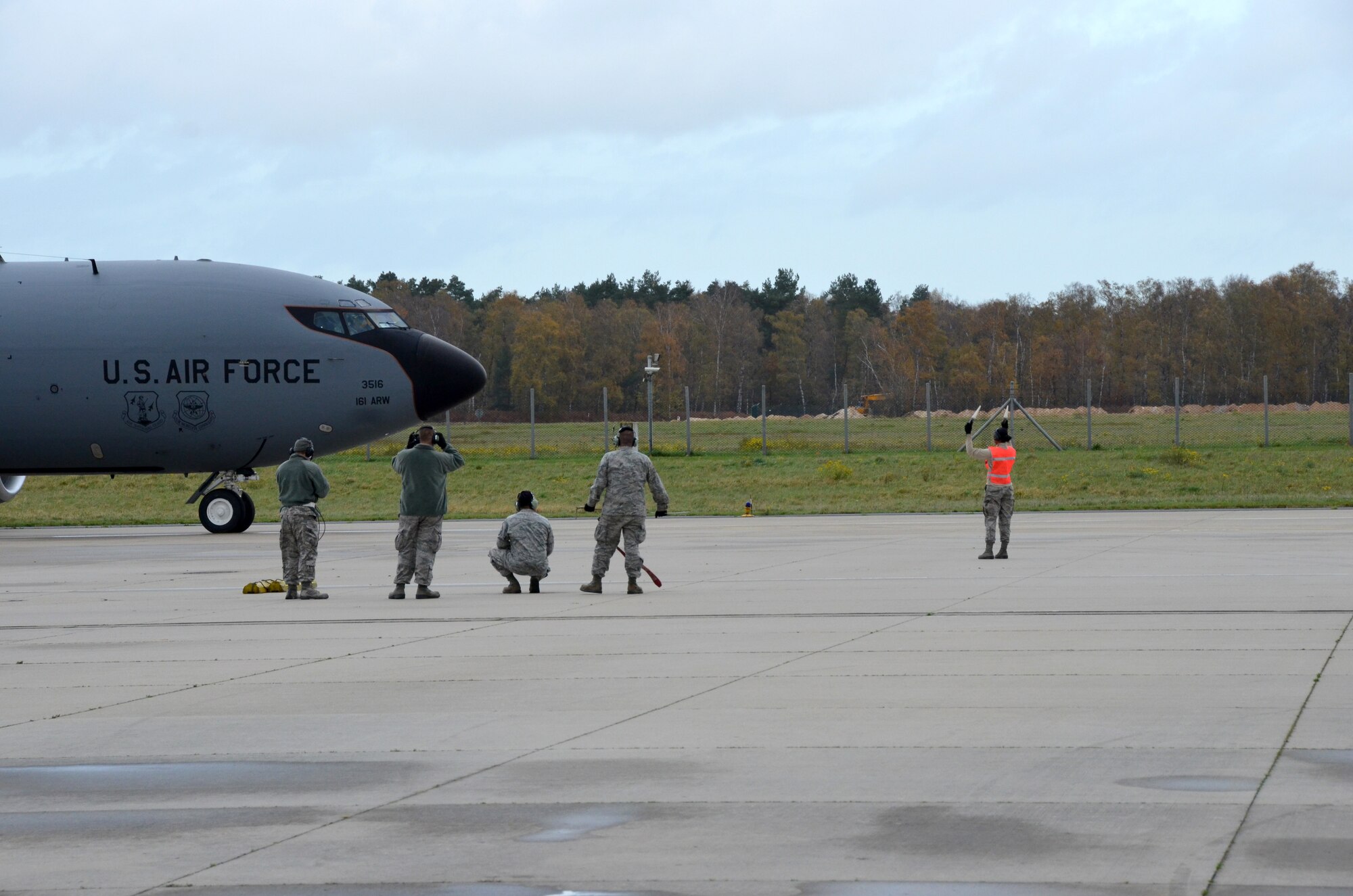 Aircraft maintainers from the 161st Air Refueling Wing launch a KC-135 Stratotanker Nov. 13 at NATO Air Base Geilenkirchen, Germany. Arizona Air National Guard members from Phoenix are supporting NATO E-3A Sentry aircrew training operations Nov. 9-20. (U.S. Air National Guard photo by Lt. Col. Gabe Johnson)