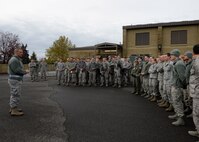 Col. Bruce Heseltine, 22nd Air Refueling Wing vice commander thanks members of the 22nd and 92nd Air refueling Wings for their hard work during Global Thunder Nov. 2 - 8 Fairchild Air Force Base, Wash. Units such as the 22nd and 92nd ARW use their day to day mission capabilities of air refueling to enable USSSTRATCOM to conduct global combat and reconnaissance operations.  (U.S. Air Force photo by 2nd Lt Krystal Jimenez)