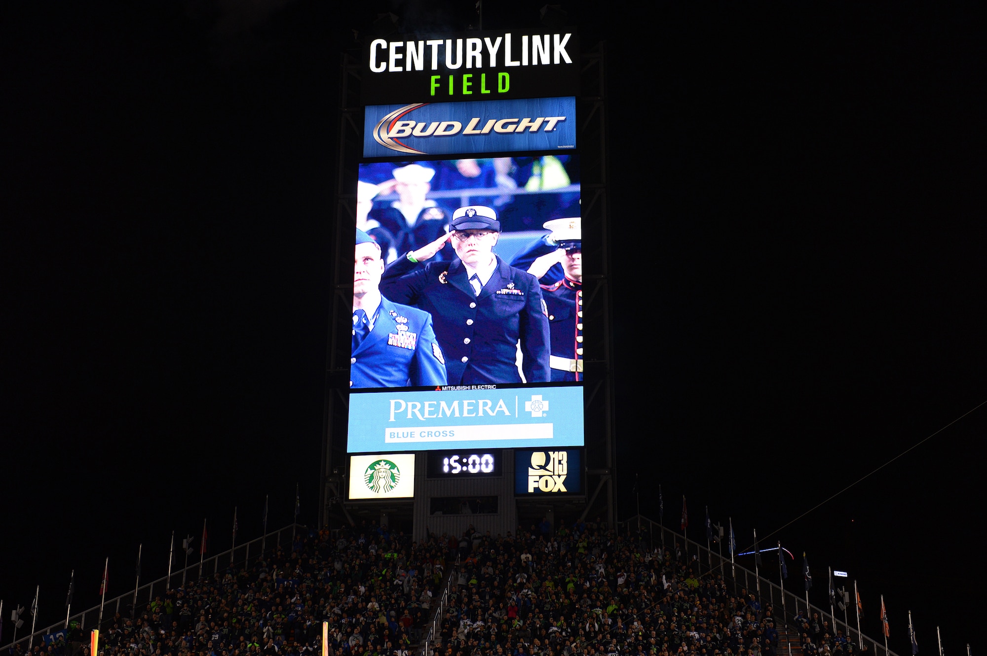 Service members render a salute during the national anthem at the start of the Seattle Seahawks vs. the Arizona Cardinals football game, Nov. 15, 2015, in Seattle, Wash. More than 200 military members participated in the Seahawks “Salute to Service” pregame and halftime ceremonies. (U.S. Air Force photo/Senior Airman Divine Cox)