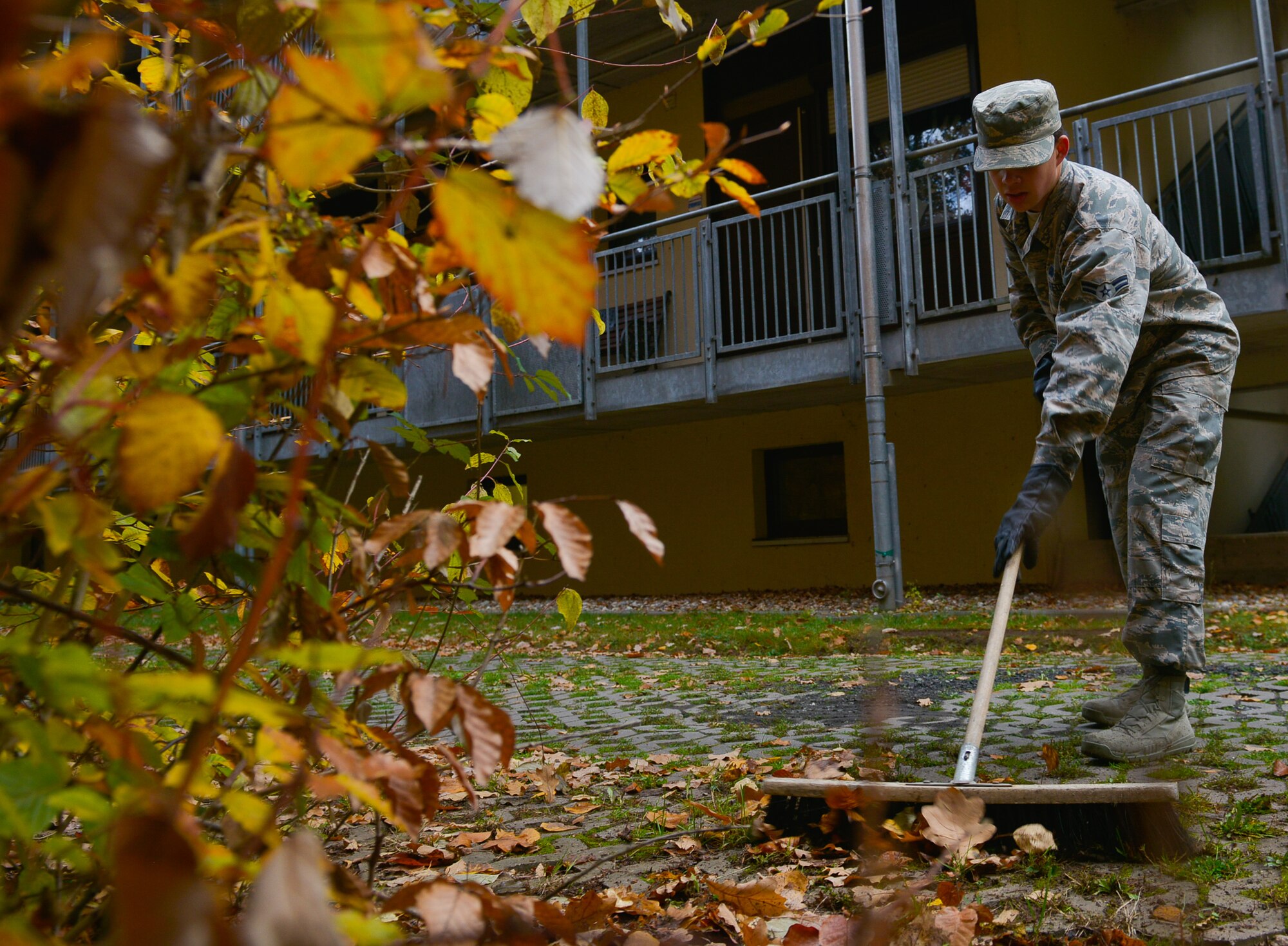 Airman 1st Class Troy Gonzalez, 83rd Network Operations Squadron patch management technician, pushes leaves aside the drive way surrounding his dormitory during Base Pride Day Nov. 4, 2015, at Ramstein Air Base, Germany. During the second day of the biannual cleaning occasion, Airmen and civilians living on-base clean around their living areas. (U.S. Air Force photo/Airman 1st Class Lane T. Plummer) 