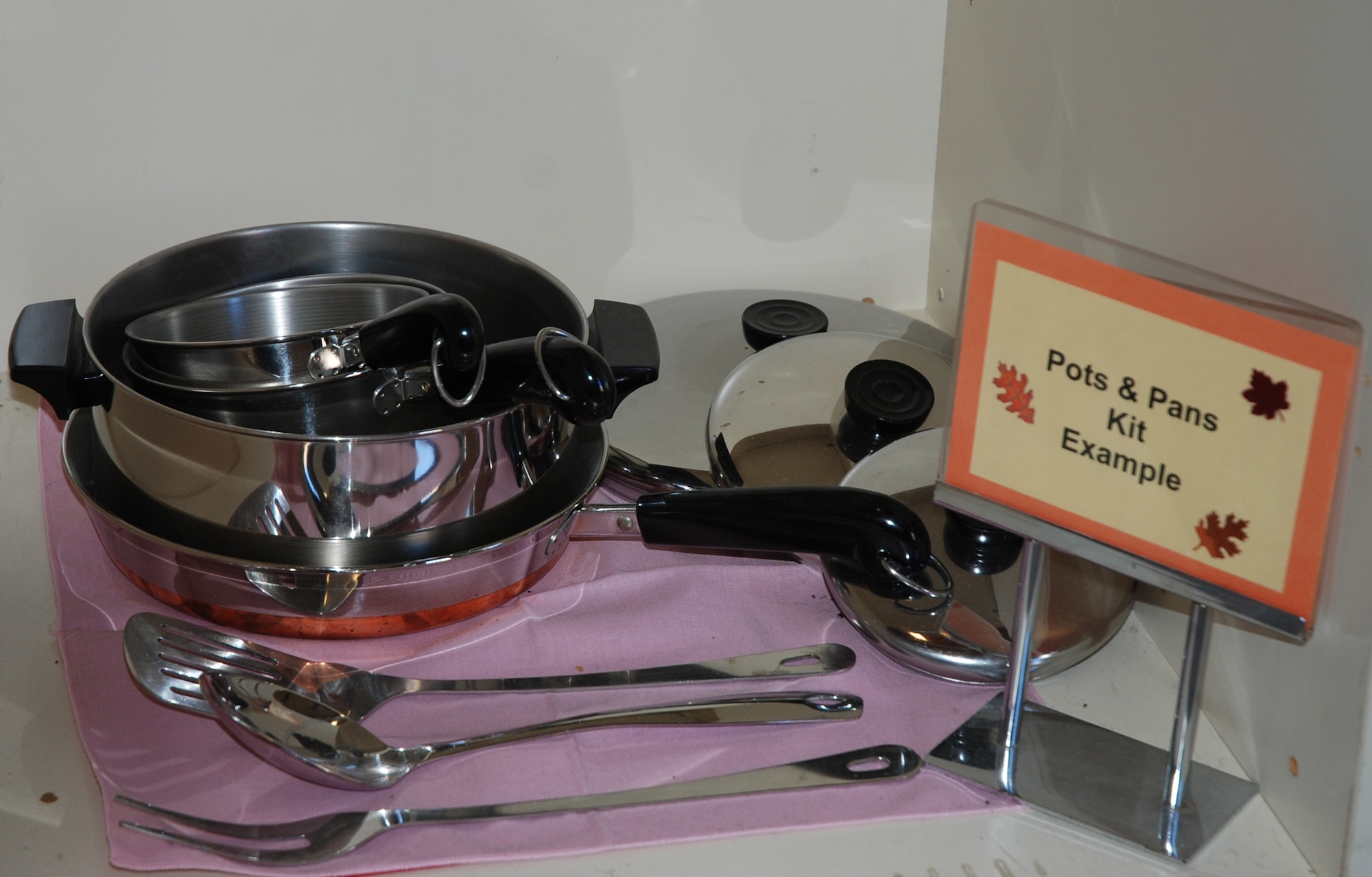 PETERSON AIR FORCE BASE, Colo. - Kits like this one are something available for loan at the Peterson Air Force Base Loan Locker. Manager Sharon Hodges tries to direct people to these kits instead of having to piece things like plates and dishes together individually. (U.S. Air Force photo by Dave Smith)